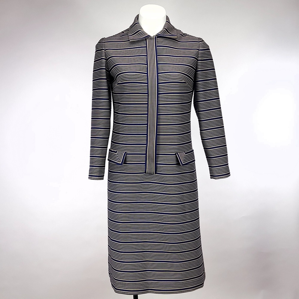 Leslie Fay Knits Vintage Blue‎ Tan Striped Long Sleeve Mod Midi Dress 1960s 70s